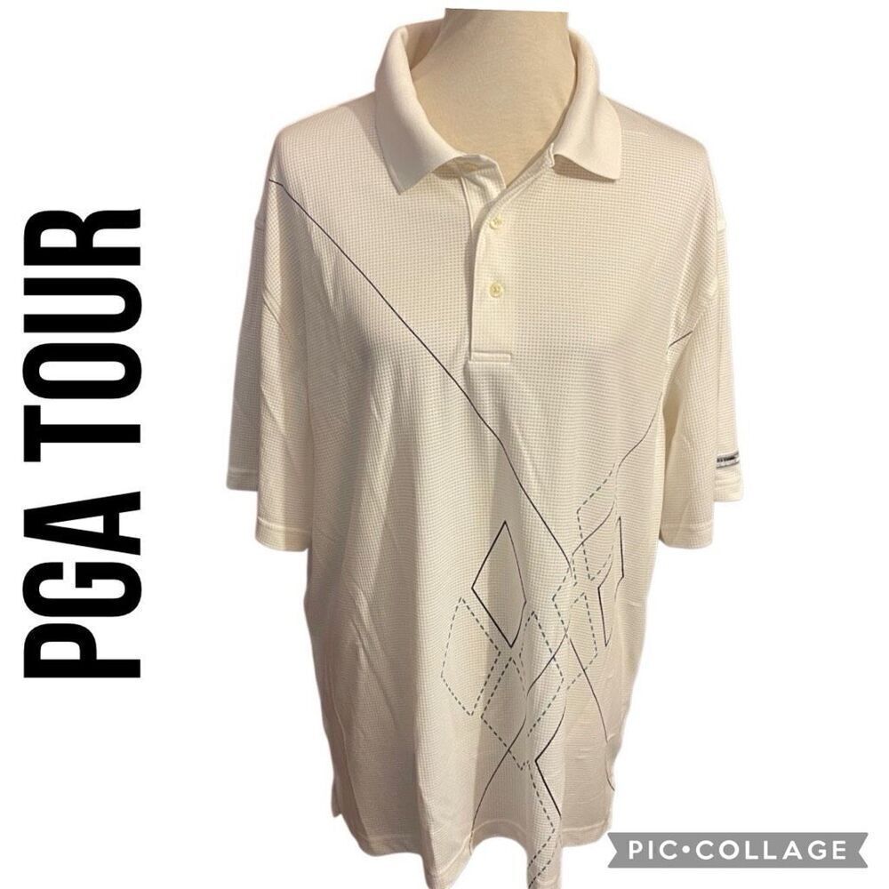 PGA Tour White Polo Style Breathable Short Sleeve Men’s Golf Shirt with Geometri